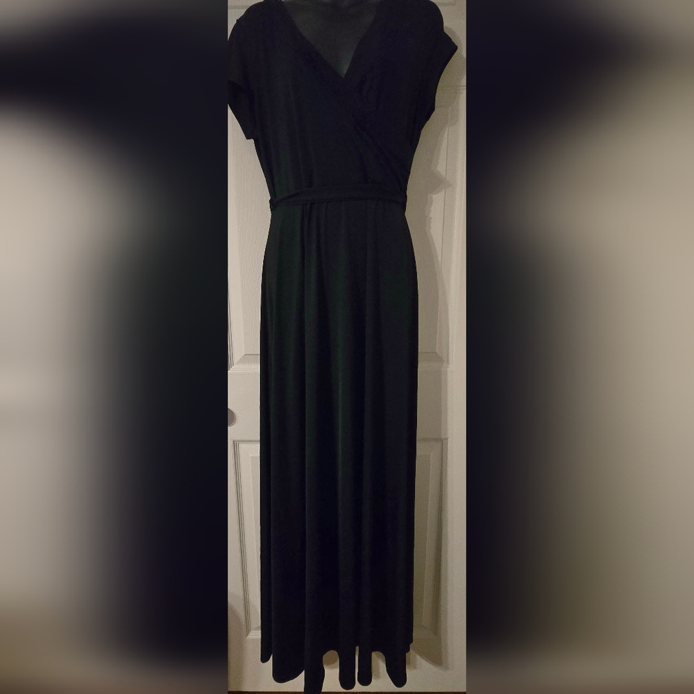 Janette Black Faux Wrap Belted Aline Maxi Poly/spandex Dress Approx L/XL